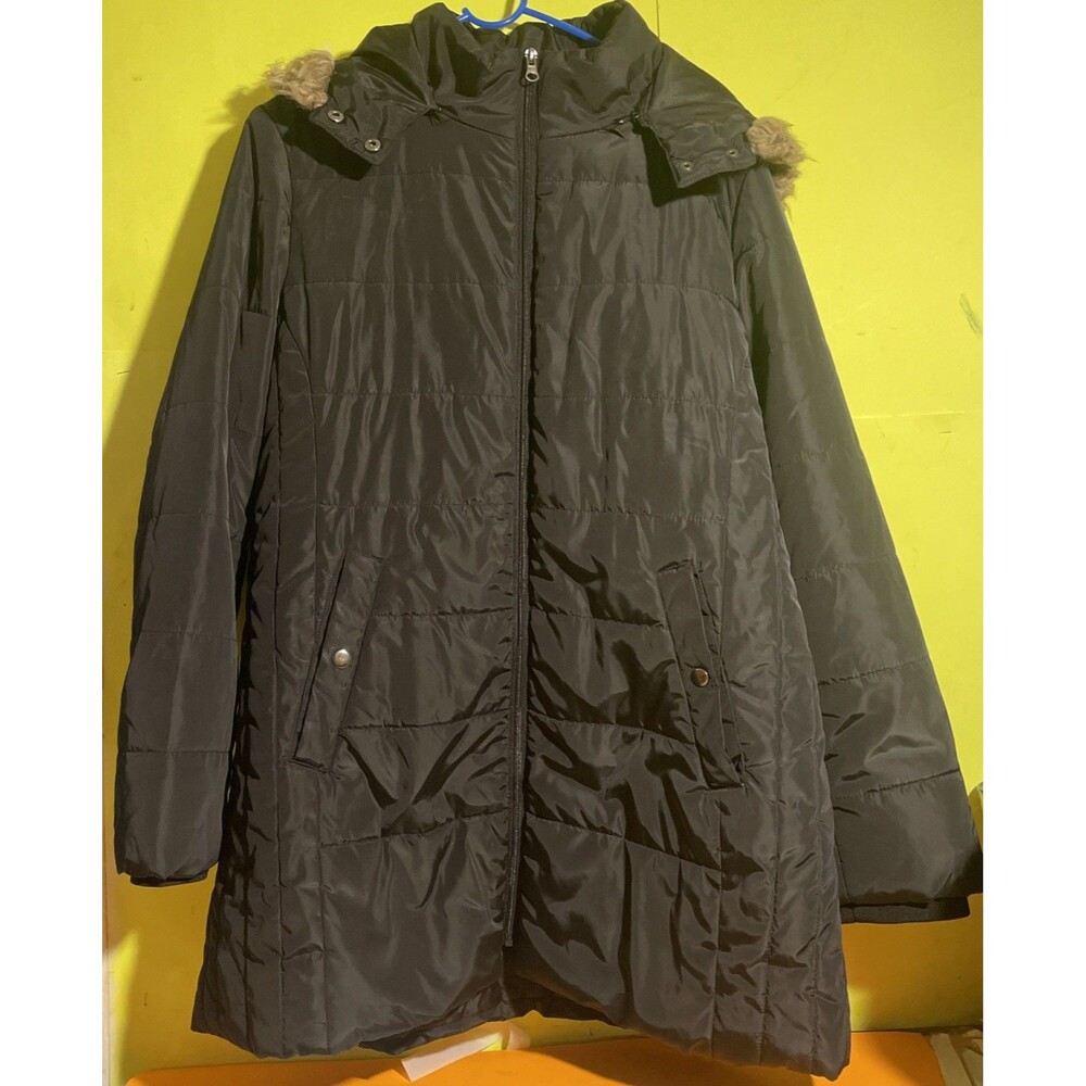 St John Bay Puffer Jacket Womens XL  Black Hooded Faux Fur Trim Coat Zipper